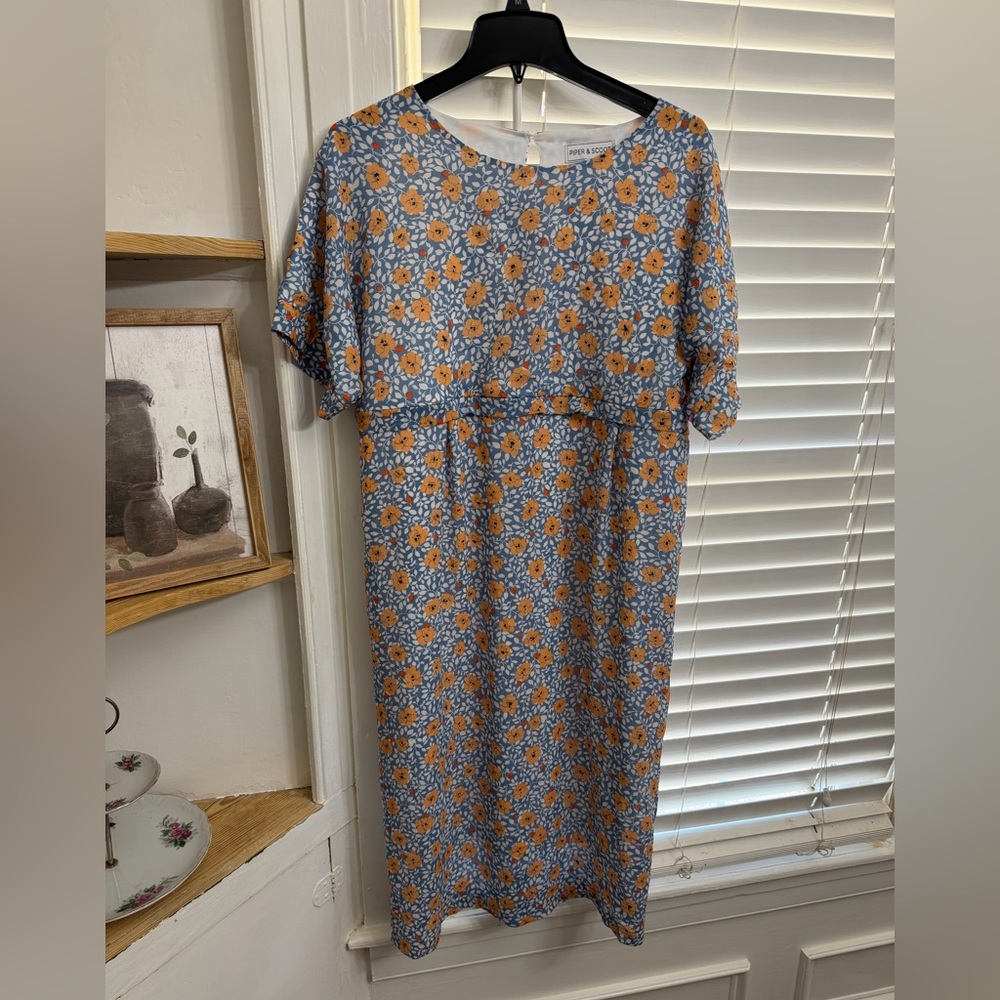 Floral Blue and Orange Midi Dress